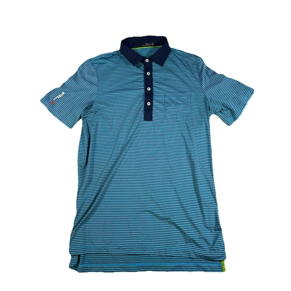 RLX Ralph Lauren Polo Shirt Mens Medium Blue Black Stripe Golf Wicking Stretch